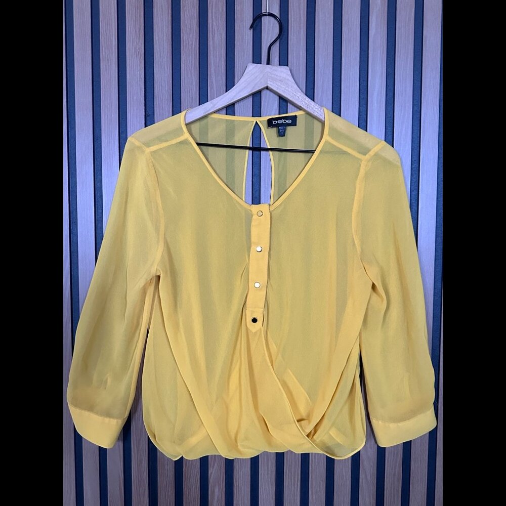 Bebe Blouse Small Womens Yellow Henely Long Sleeve Sheer Keyhole Shirt